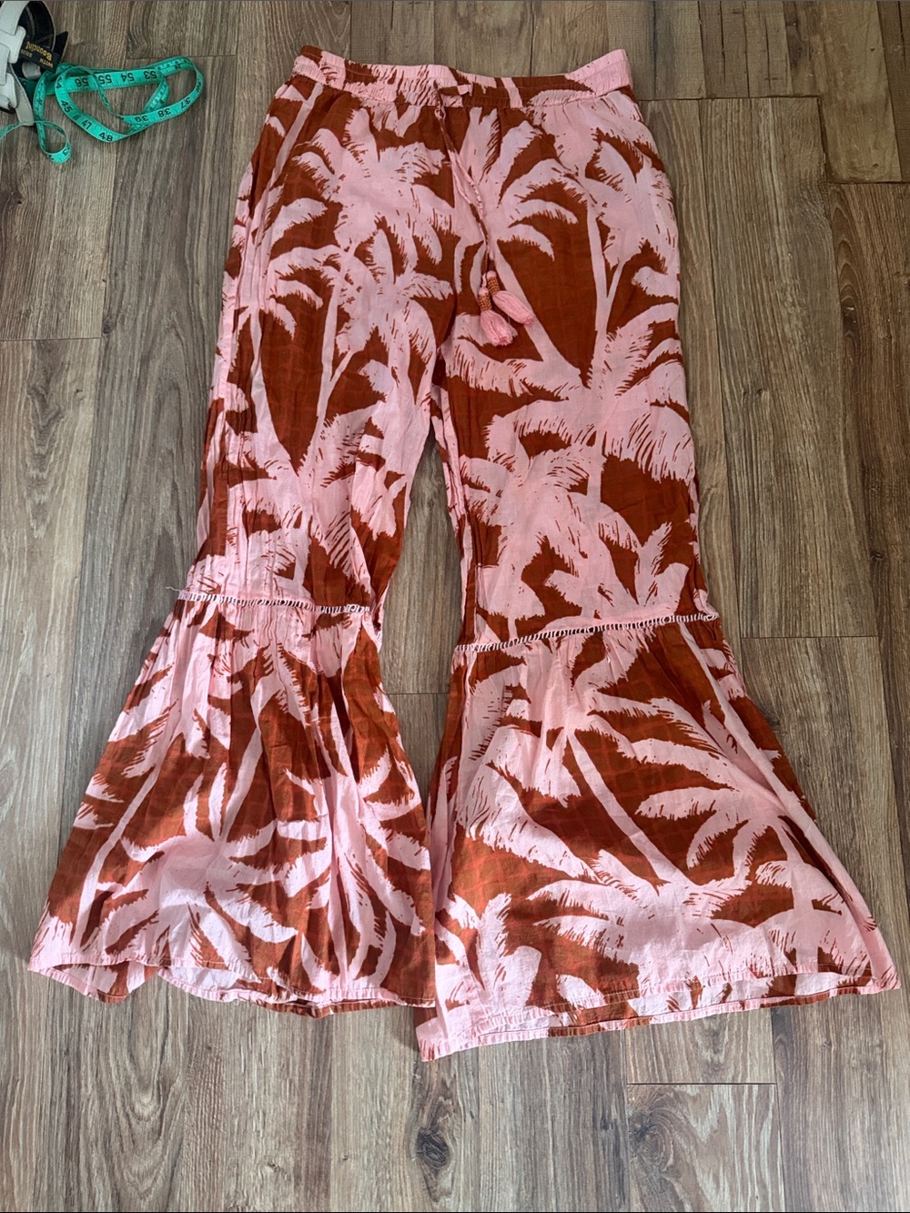 Boho Wide Leg Palm-Print Pants - Pink & Rust